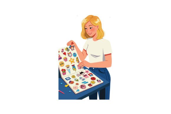 Woman Browsing Colorful Sticker Album Graphics